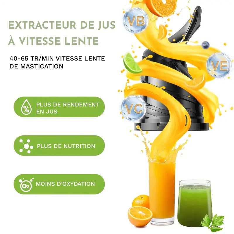 Extracteur de Jus de fruits et légumes, Silencieux & Puissant sans BPA – Jus Frais Maison, Vitamines Préservées & Nettoyage Facile