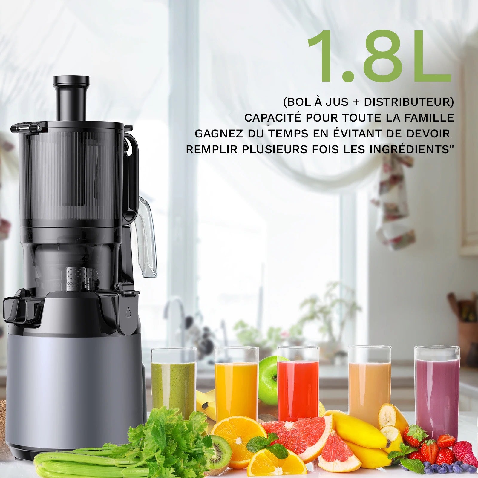 Extracteur de Jus de fruits et légumes, Silencieux & Puissant sans BPA – Jus Frais Maison, Vitamines Préservées & Nettoyage Facile